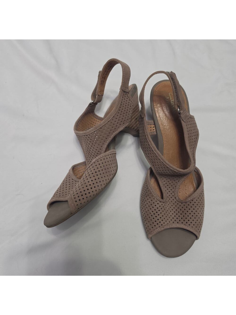 Clarks Artisan Taupe Perforated Leather Slingback Wedge Sandals Size 10M